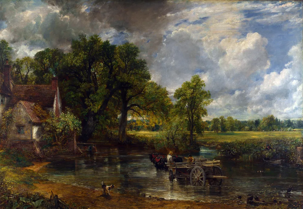 Constable’s The Hay Wain: a horse-drawn wooden wagon in a shallow river beside a cottage, trees and meadows.