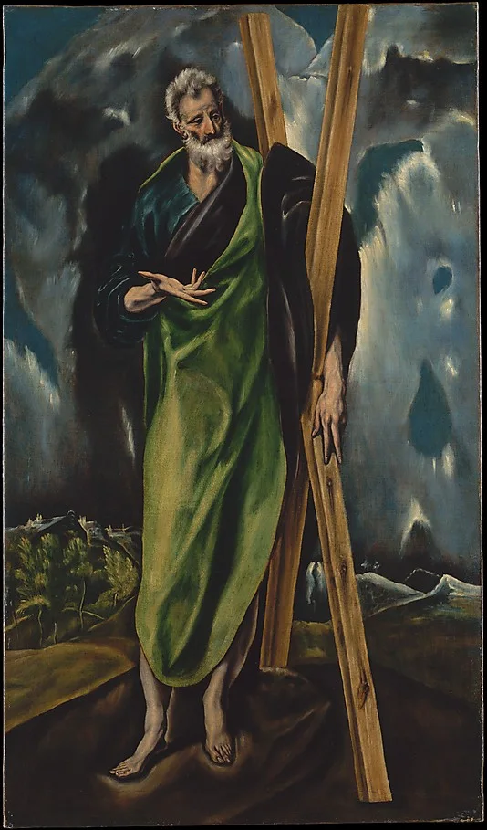 Artistic depiction of St Andrew holding a book beside an X-shaped cross.