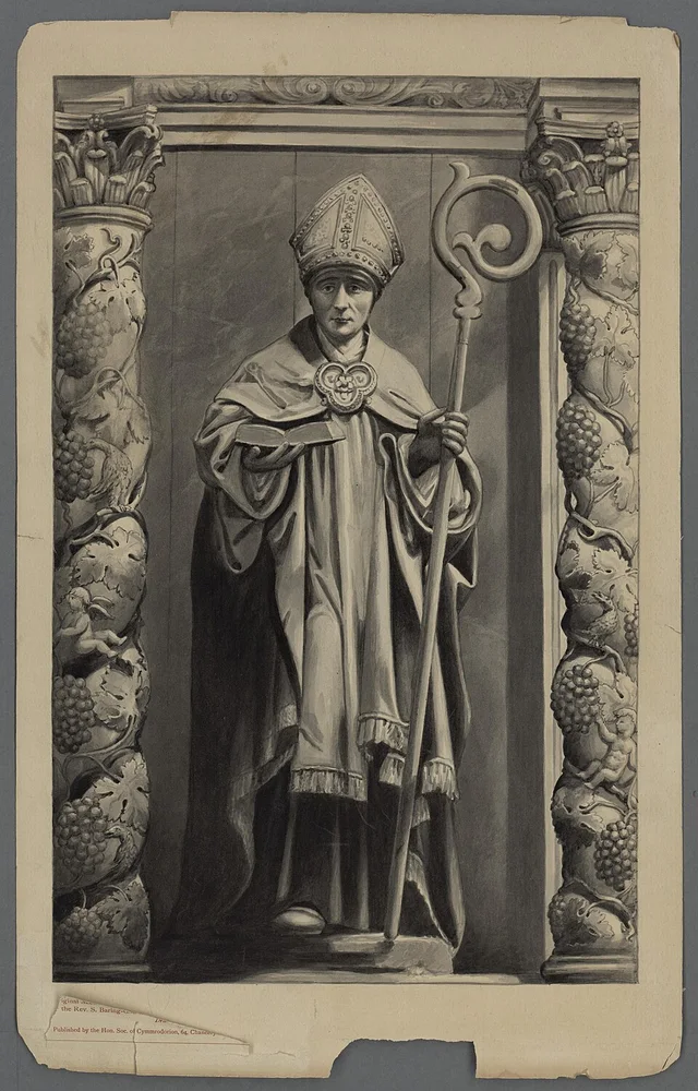 Historic artistic depiction of St David in bishop’s robes, holding a staff.
