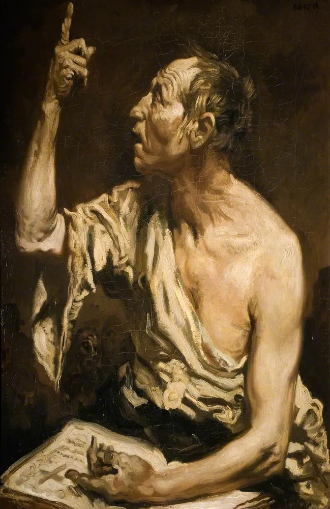 William Orpen’s artistic depiction of St Patrick as a bearded man draped in light cloth, holding a cross and a book.